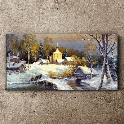 Tableau toile imprimée Paysage d'hiver avec une église de village