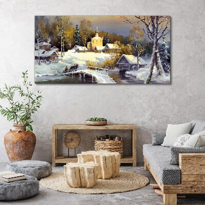 Tableau toile imprimée Paysage d'hiver avec une église de village