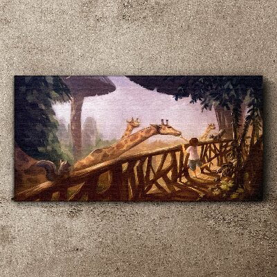 Tableau imprimé sur toile Rencontre avec des girafes au zoo
