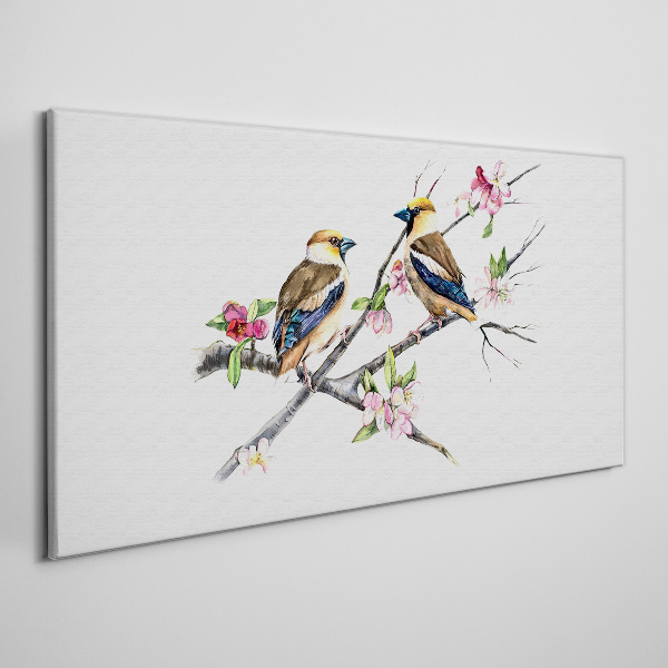 Tableau toile imprimée Oiseaux sur une branche parmi les fleurs