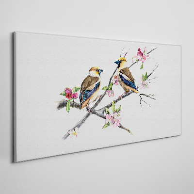 Tableau toile imprimée Oiseaux sur une branche parmi les fleurs