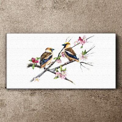 Tableau toile imprimée Oiseaux sur une branche parmi les fleurs