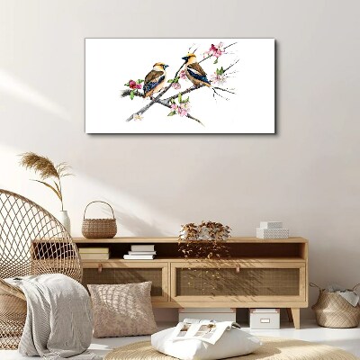 Tableau toile imprimée Oiseaux sur une branche parmi les fleurs