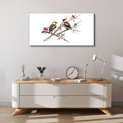 Tableau toile imprimée Oiseaux sur une branche parmi les fleurs