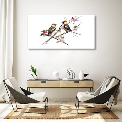 Tableau toile imprimée Oiseaux sur une branche parmi les fleurs