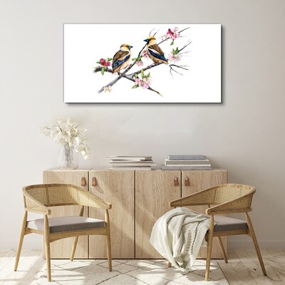Tableau toile imprimée Oiseaux sur une branche parmi les fleurs