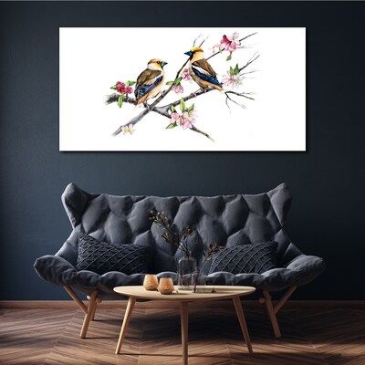 Tableau toile imprimée Oiseaux sur une branche parmi les fleurs