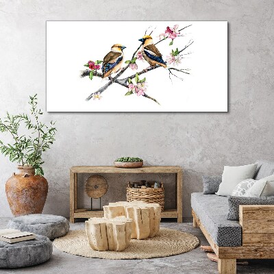 Tableau toile imprimée Oiseaux sur une branche parmi les fleurs