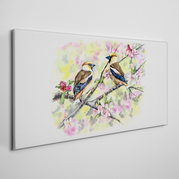 Tableau imprimé sur toile Oiseaux sur une branche avec des fleurs