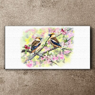 Tableau imprimé sur toile Oiseaux sur une branche avec des fleurs