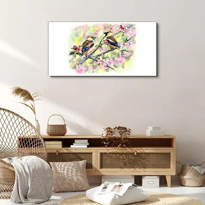 Tableau imprimé sur toile Oiseaux sur une branche avec des fleurs