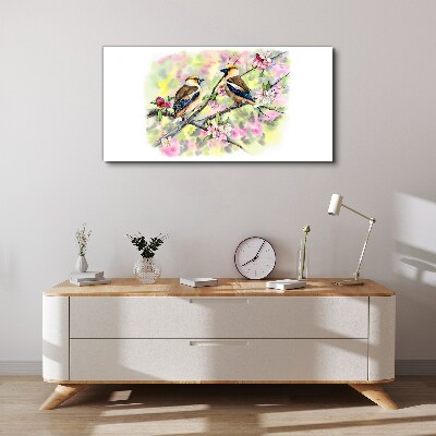 Tableau imprimé sur toile Oiseaux sur une branche avec des fleurs