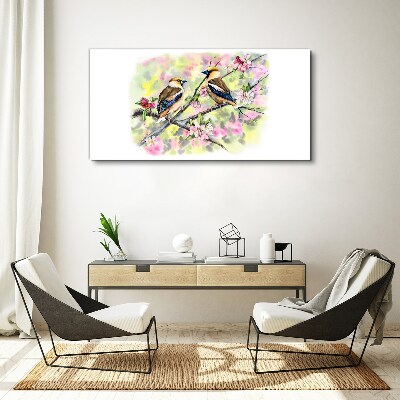 Tableau imprimé sur toile Oiseaux sur une branche avec des fleurs