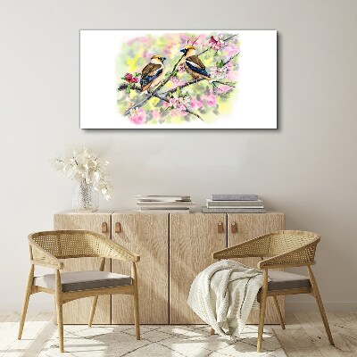 Tableau imprimé sur toile Oiseaux sur une branche avec des fleurs