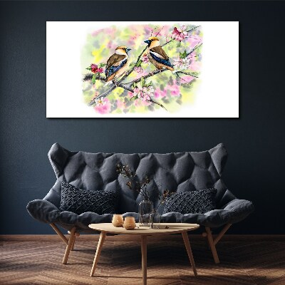 Tableau imprimé sur toile Oiseaux sur une branche avec des fleurs