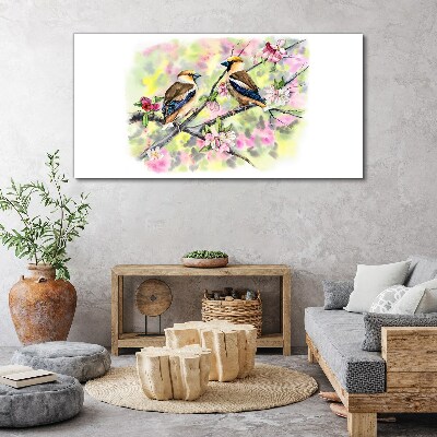 Tableau imprimé sur toile Oiseaux sur une branche avec des fleurs