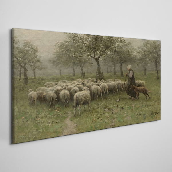 Tableau toile imprimée Des moutons paissent dans un paysage mystique