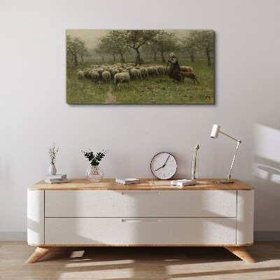 Tableau toile imprimée Des moutons paissent dans un paysage mystique