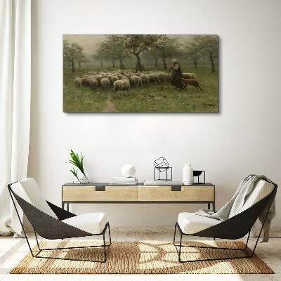 Tableau toile imprimée Des moutons paissent dans un paysage mystique