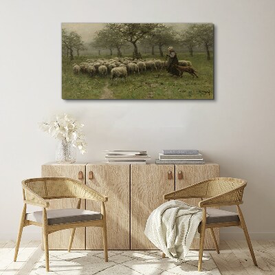 Tableau toile imprimée Des moutons paissent dans un paysage mystique