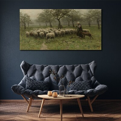 Tableau toile imprimée Des moutons paissent dans un paysage mystique