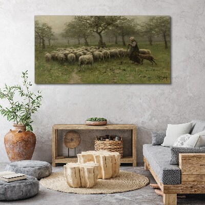 Tableau toile imprimée Des moutons paissent dans un paysage mystique