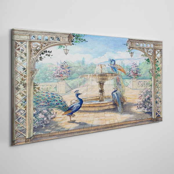 Tableau toile imprimée Paysage avec un paon et une fontaine