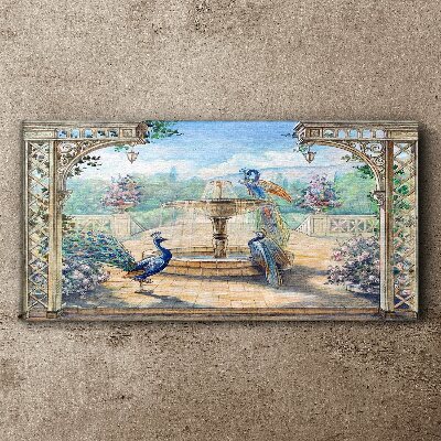 Tableau toile imprimée Paysage avec un paon et une fontaine