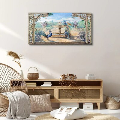 Tableau toile imprimée Paysage avec un paon et une fontaine