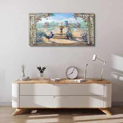 Tableau toile imprimée Paysage avec un paon et une fontaine