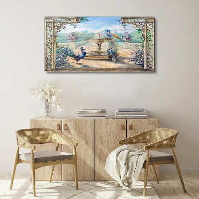 Tableau toile imprimée Paysage avec un paon et une fontaine