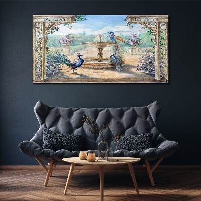 Tableau toile imprimée Paysage avec un paon et une fontaine