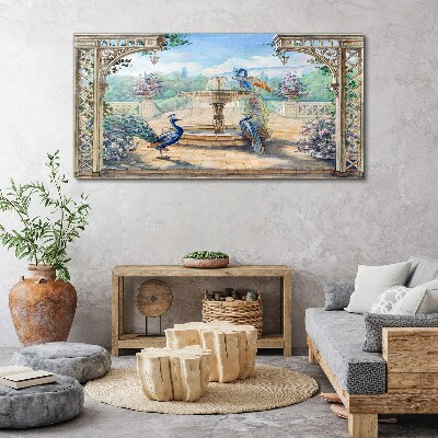 Tableau toile imprimée Paysage avec un paon et une fontaine