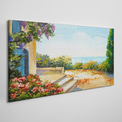 Tableau toile imprimée Paysage de bord de mer avec des fleurs