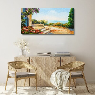 Tableau toile imprimée Paysage de bord de mer avec des fleurs