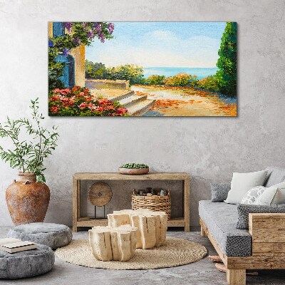 Tableau toile imprimée Paysage de bord de mer avec des fleurs