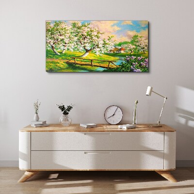Tableau imprimé sur toile Paysage de printemps avec un pont
