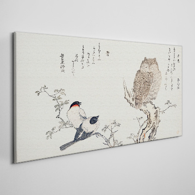 Tableau toile imprimée Des oiseaux et un hibou sur une branche