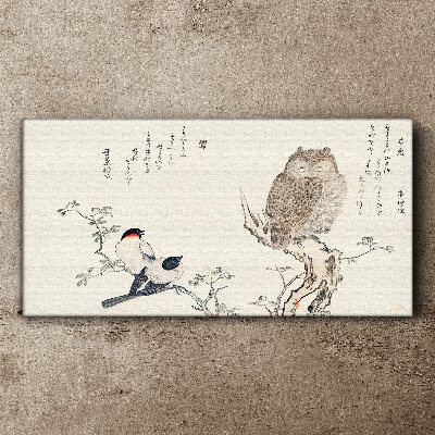 Tableau toile imprimée Des oiseaux et un hibou sur une branche