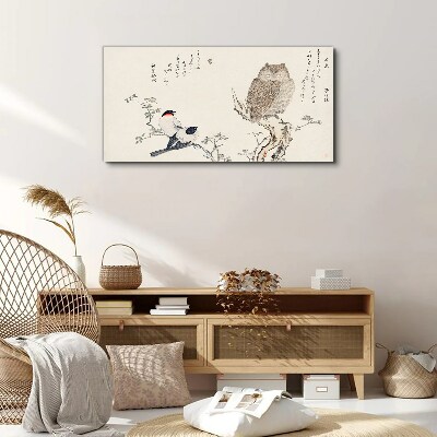 Tableau toile imprimée Des oiseaux et un hibou sur une branche