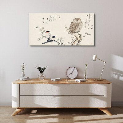 Tableau toile imprimée Des oiseaux et un hibou sur une branche