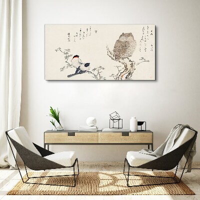 Tableau toile imprimée Des oiseaux et un hibou sur une branche