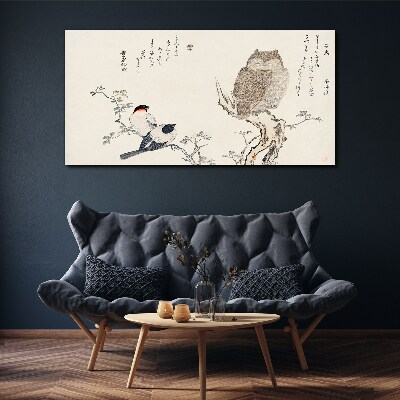 Tableau toile imprimée Des oiseaux et un hibou sur une branche