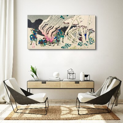 Tableau toile imprimée Paysage d'hiver avec des gens autour d'un feu de camp