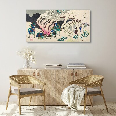 Tableau toile imprimée Paysage d'hiver avec des gens autour d'un feu de camp