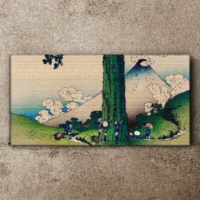 Tableau toile imprimée Village japonais avec un volcan