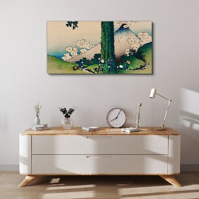 Tableau toile imprimée Village japonais avec un volcan