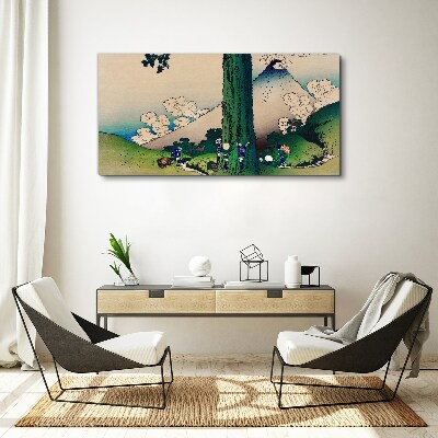 Tableau toile imprimée Village japonais avec un volcan