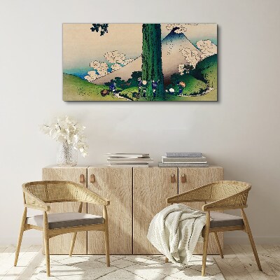 Tableau toile imprimée Village japonais avec un volcan