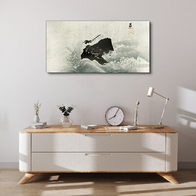 Tableau toile imprimée Un oiseau sur un rocher dans les vagues